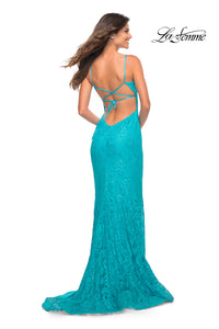  Strappy-Back La Femme Tight Long Lace Prom Dress