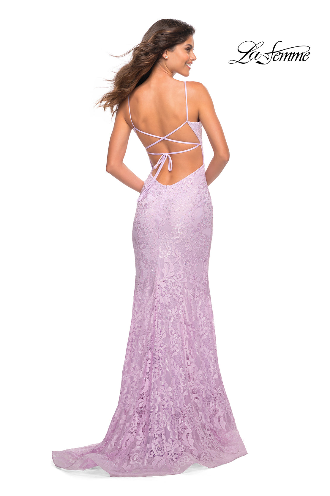  Strappy-Back La Femme Tight Long Lace Prom Dress