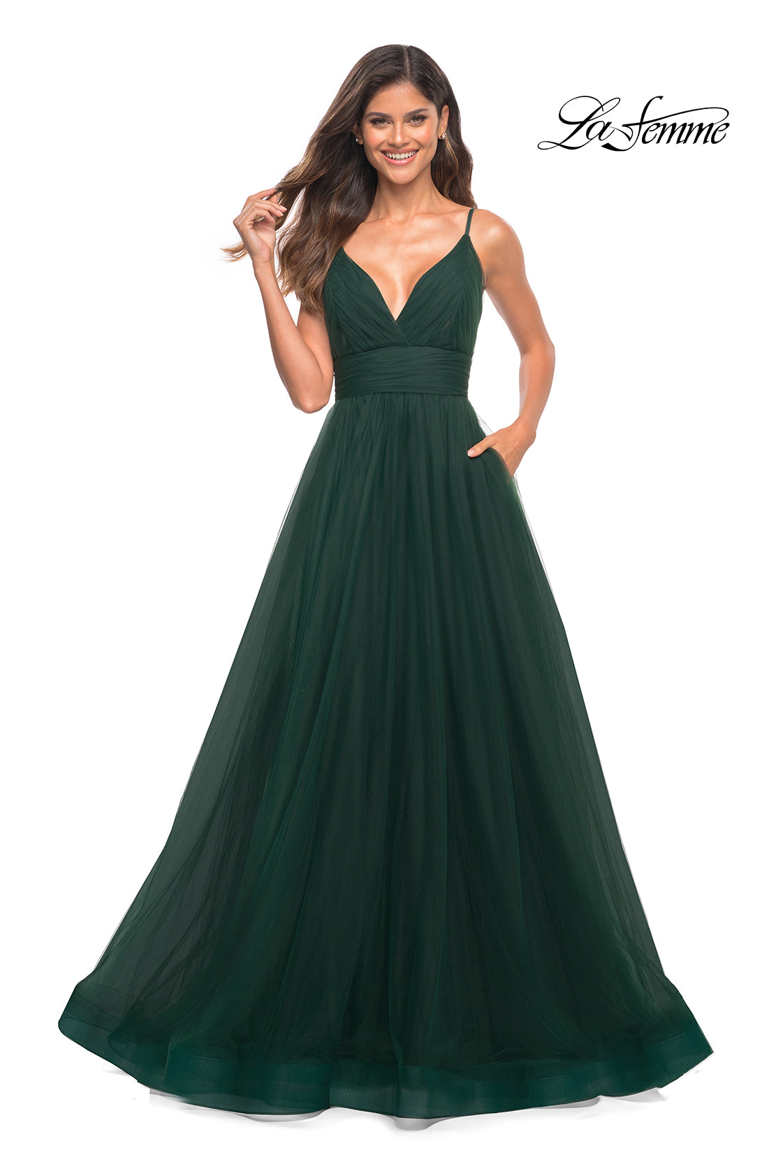  La Femme V-Neck Long Tulle Prom Ball Gown