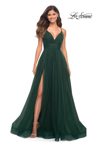 Dark Emerald La Femme V-Neck Long Tulle Prom Ball Gown