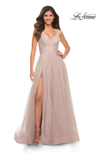 Dusty Mauve La Femme V-Neck Long Tulle Prom Ball Gown