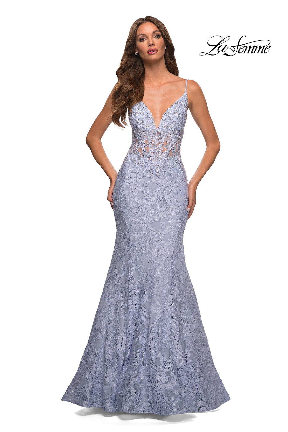  La Femme Sheer-Waist Long Lace Mermaid Prom Dress