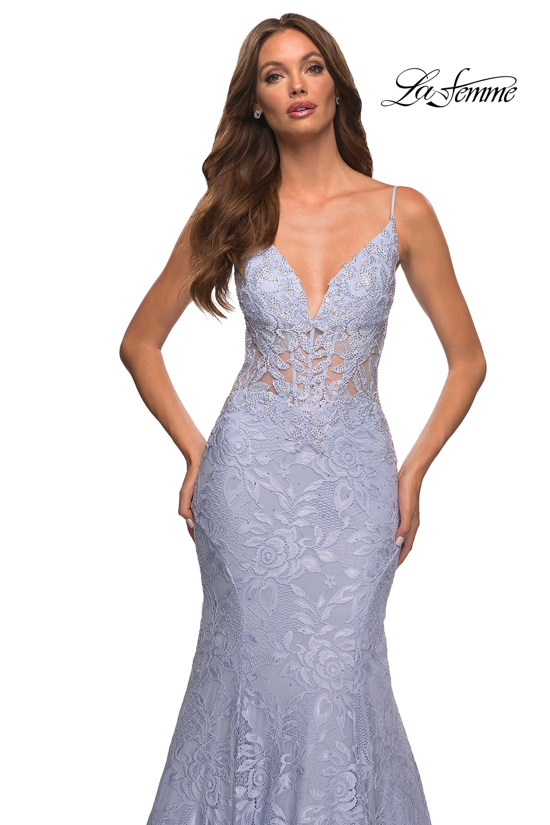 periwinkle lace prom dress Periwinkle Sheer-Bodice Long A-Line Prom Dress Periwinkle / 00