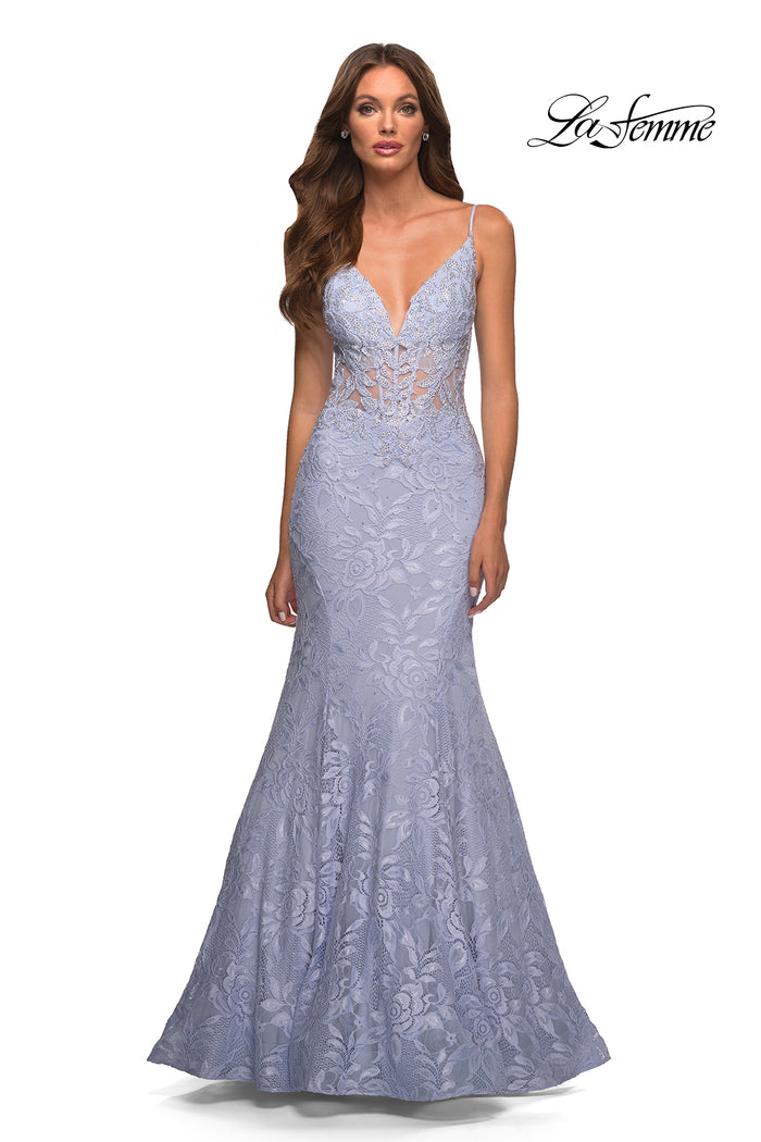 Light Periwinkle La Femme Sheer-Waist Long Lace Mermaid Prom Dress
