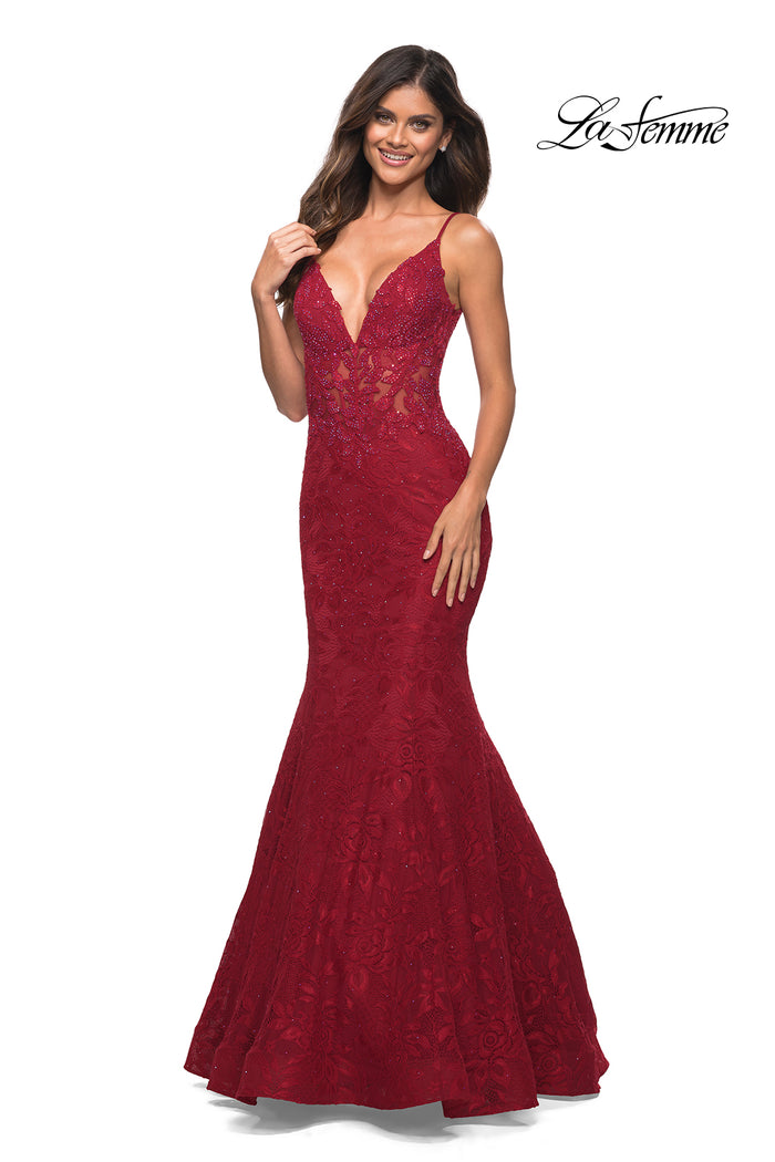 Red La Femme Sheer-Waist Long Lace Mermaid Prom Dress