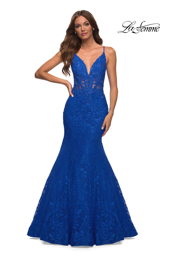 Royal Blue La Femme Sheer-Waist Long Lace Mermaid Prom Dress