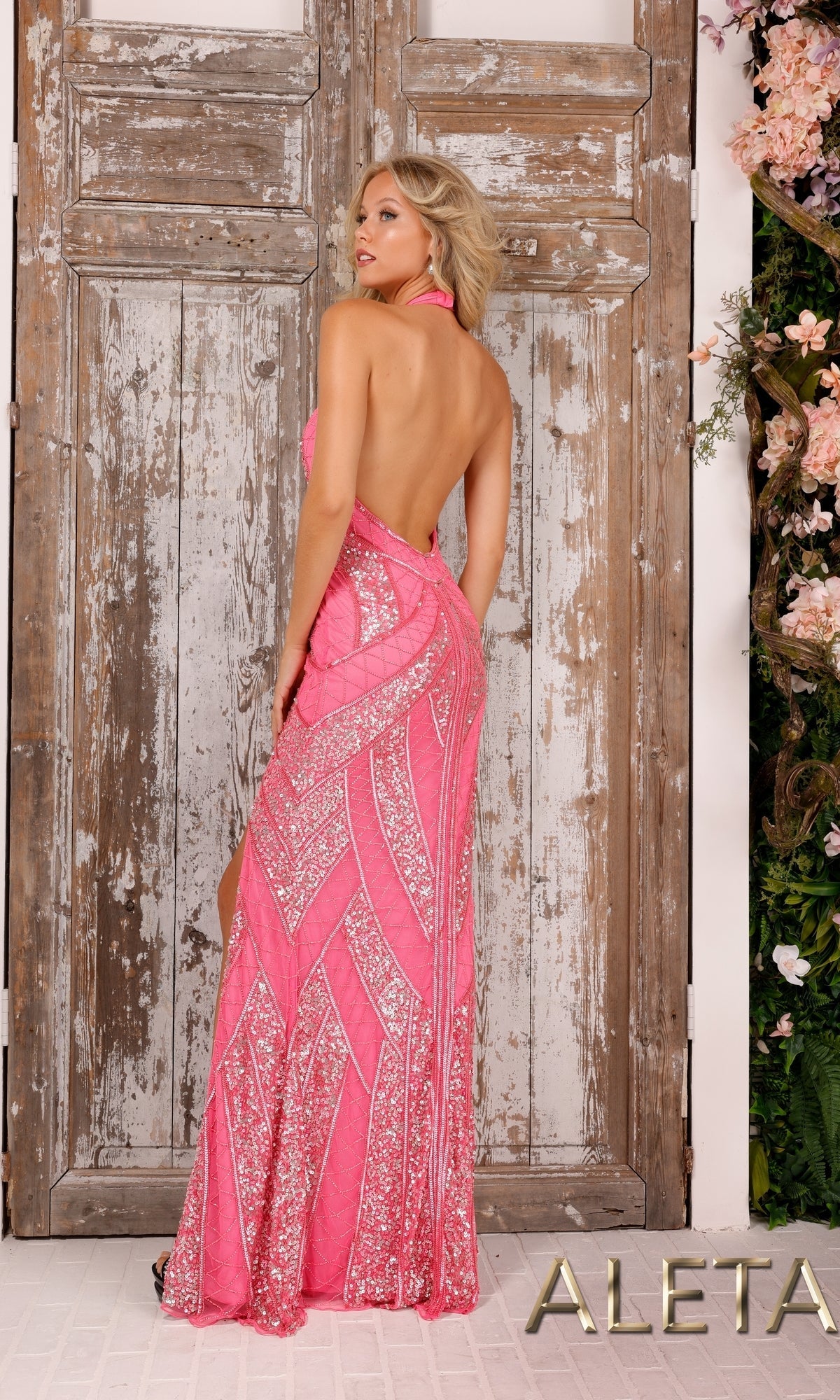 beaded halter party dress Beaded Halter Sheath Gown with High Slit 41144