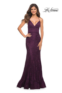 Dark Berry Stretch-Lace La Femme Long Prom Dress with Train