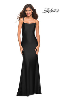 Black Low V-Back La Femme Long Prom Dress with Train