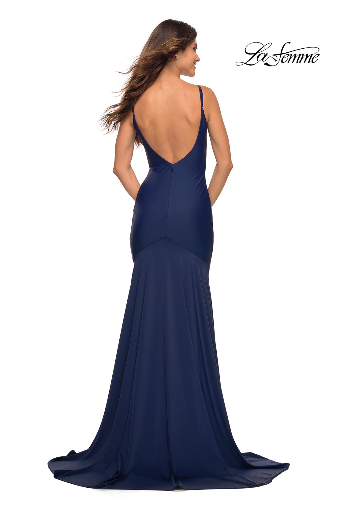  Low V-Back La Femme Long Prom Dress with Train