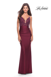 Dark Berry La Femme Long Prom Dress with Sheer Corset Bodice