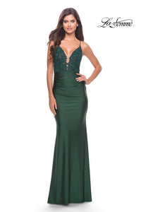 Dark Emerald La Femme Long Prom Dress with Sheer Corset Bodice