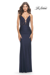 Navy La Femme Long Prom Dress with Sheer Corset Bodice