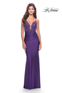 Royal Purple La Femme Long Prom Dress with Sheer Corset Bodice