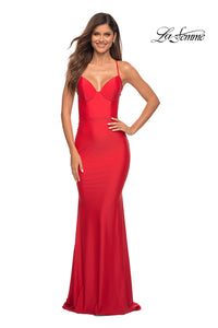 Red La Femme Long Prom Dress with Bustier Bodice