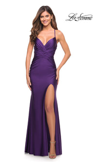 Royal Purple La Femme Jersey Long Prom Dress with Lace-Up Back