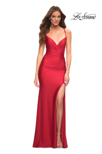 Red La Femme Jersey Long Prom Dress with Lace-Up Back