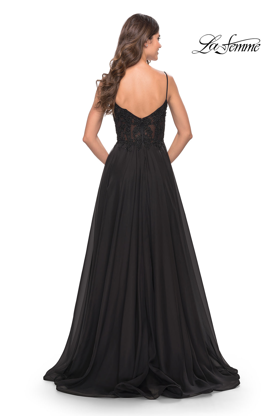  La Femme Sheer-Bodice Long A-Line Prom Dress