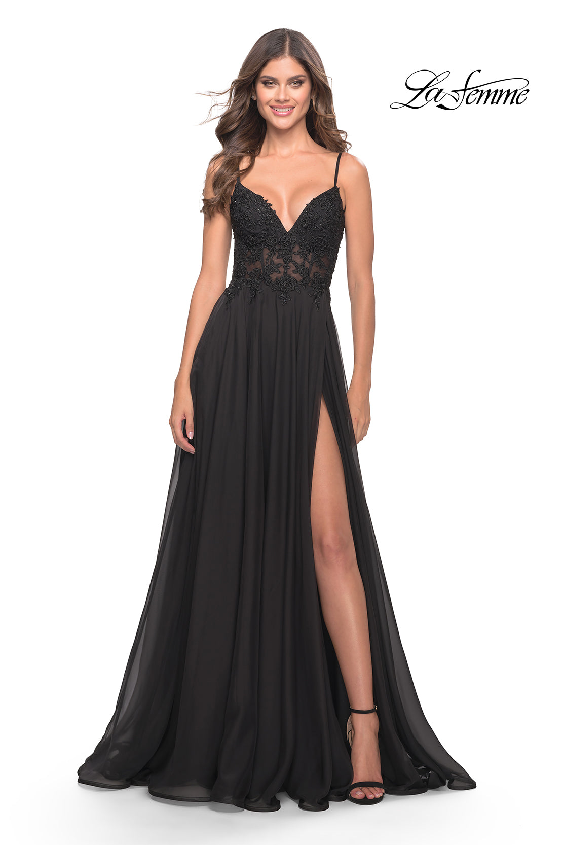 Black La Femme Sheer-Bodice Long A-Line Prom Dress