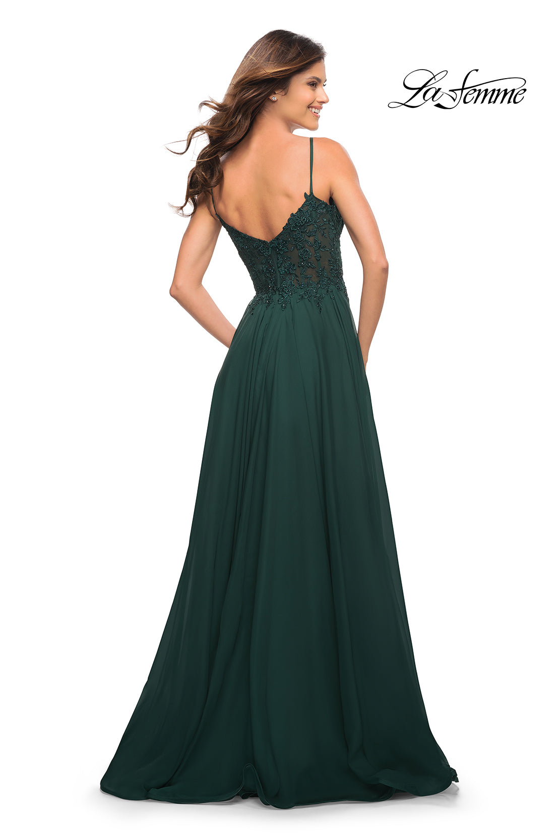 Long La Femme A-Line Prom Dress with Sheer Bodice Dark Emerald / 00 Long La Femme A-Line Prom Dress with Sheer Bodice Dark Emerald / 00