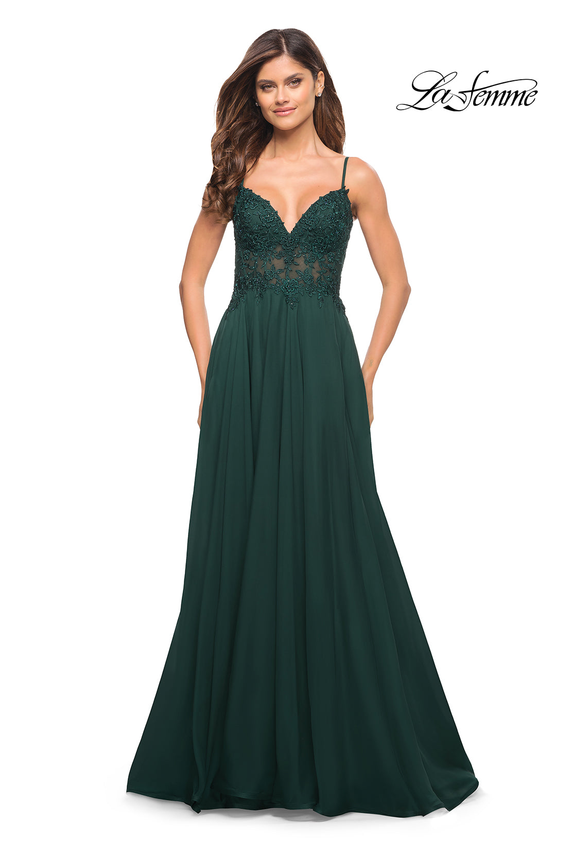  La Femme Sheer-Bodice Long A-Line Prom Dress