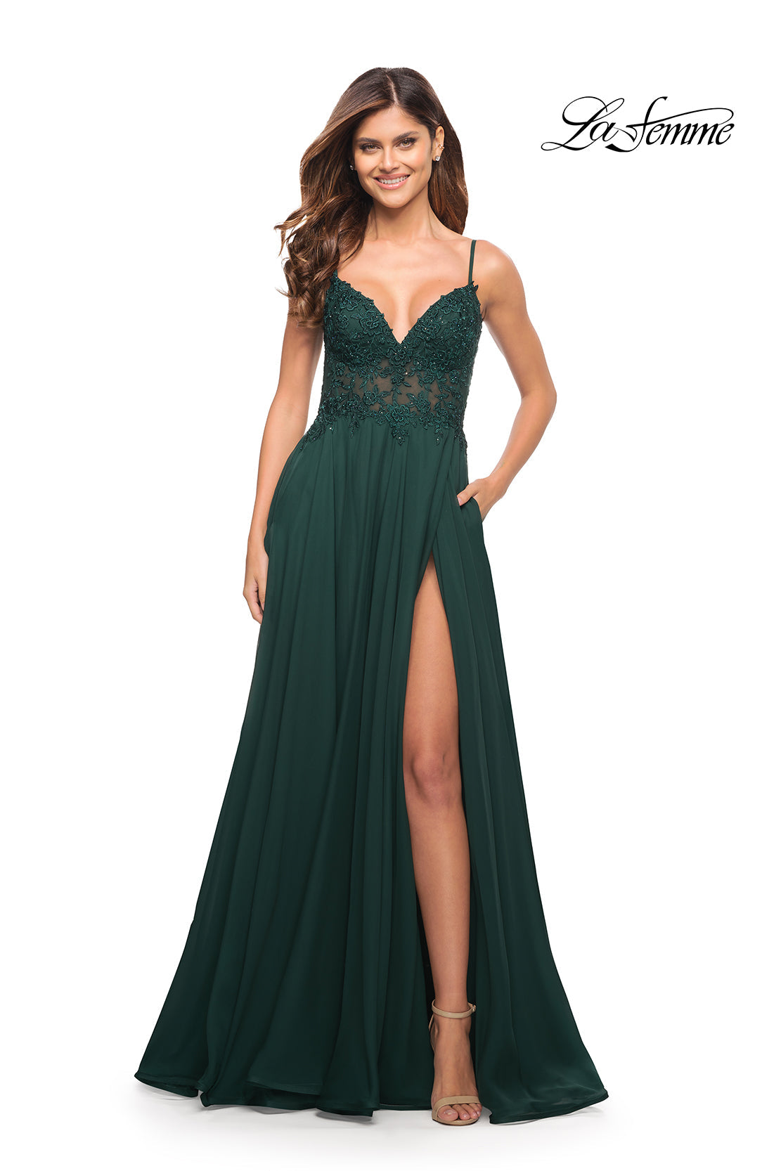 Long La Femme A-Line Prom Dress with Sheer Bodice Dark Emerald / 00 Long La Femme A-Line Prom Dress with Sheer Bodice Dark Emerald / 00