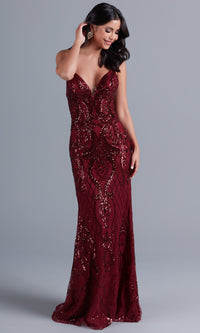 Burgundy Sequin-Tulle Backless Long Prom Dress