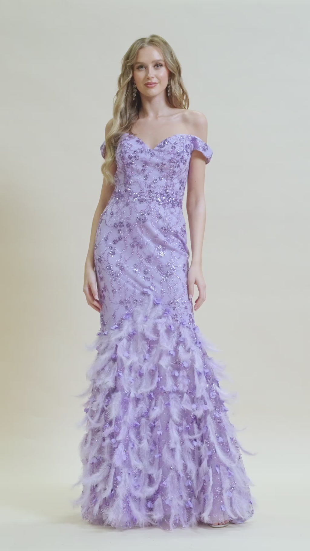 Feather-Skirt Off-Shoulder Long Prom Dress C1106