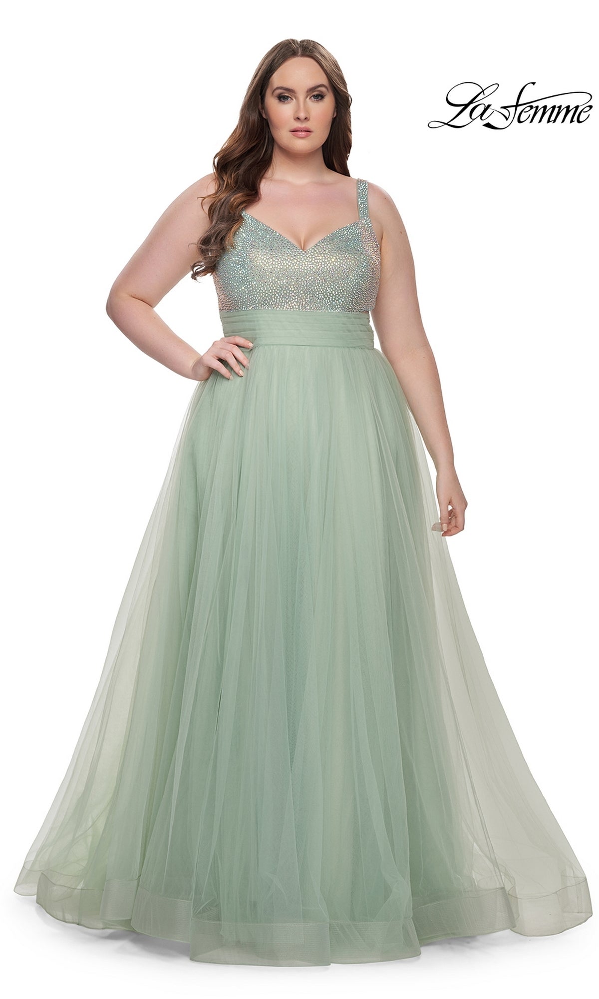 light green plus size dress Women's Sage Lace Strappy Maxi evening party or any other occasions La Femme Dress 31251 Plus-Size