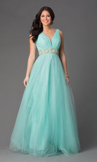 Mint Green Tulle Ball Gown With Embellished Waist