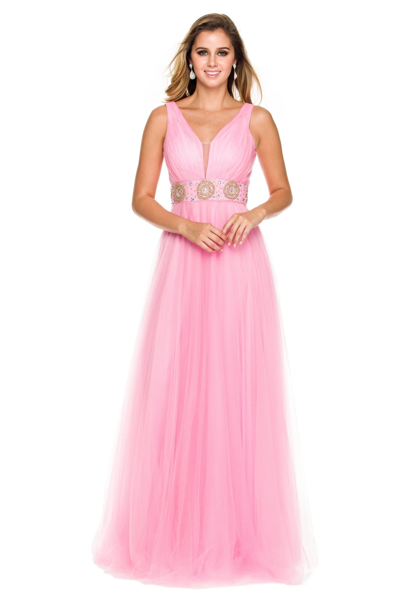 Baby Pink Tulle Ball Gown With Embellished Waist