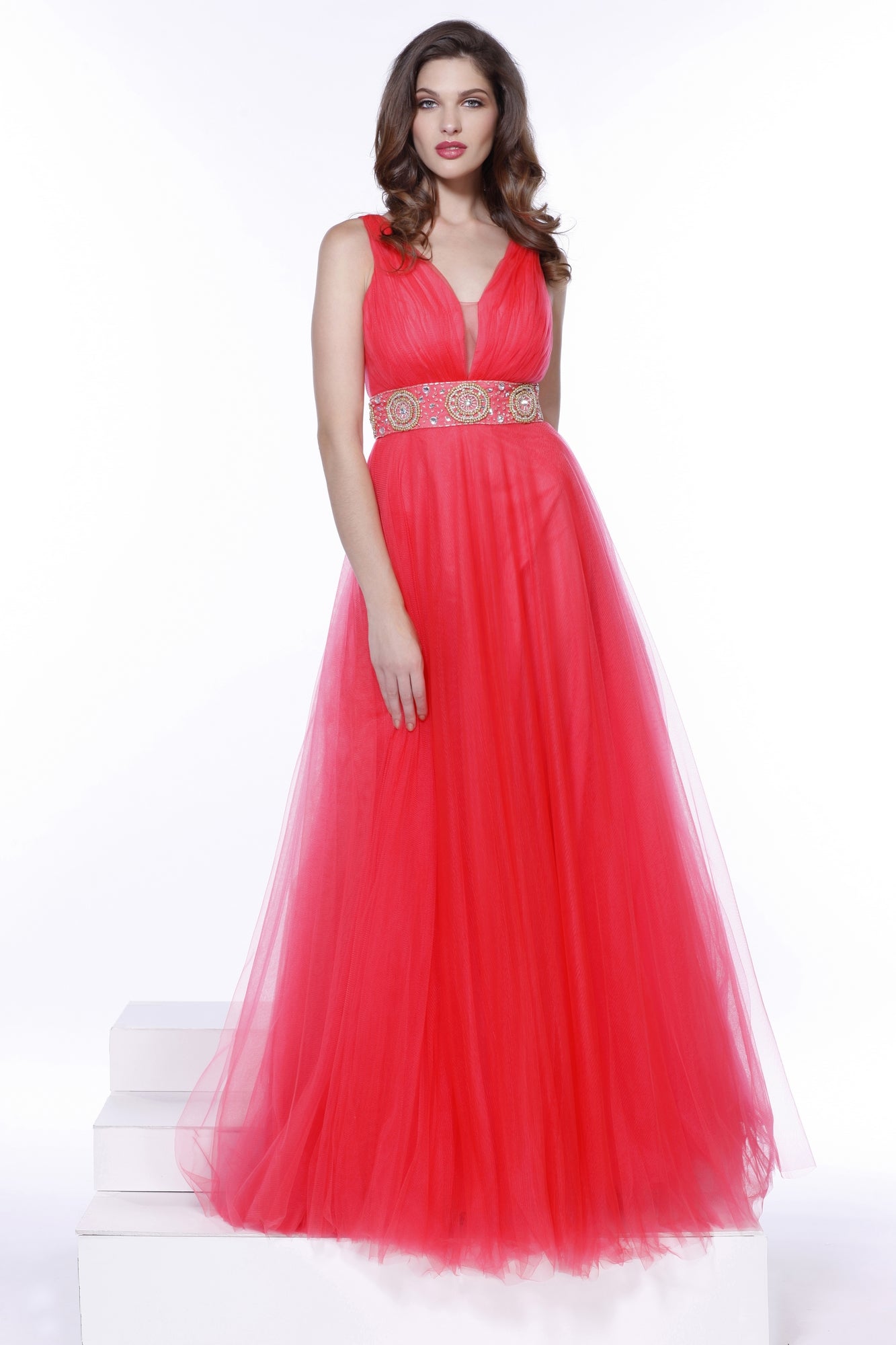 Watermelon Tulle Ball Gown With Embellished Waist