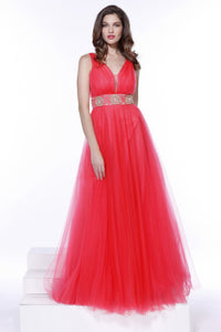 Watermelon Tulle Ball Gown With Embellished Waist