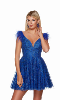 Royal Feather V-Neck Glitter Homecoming Dress 3151