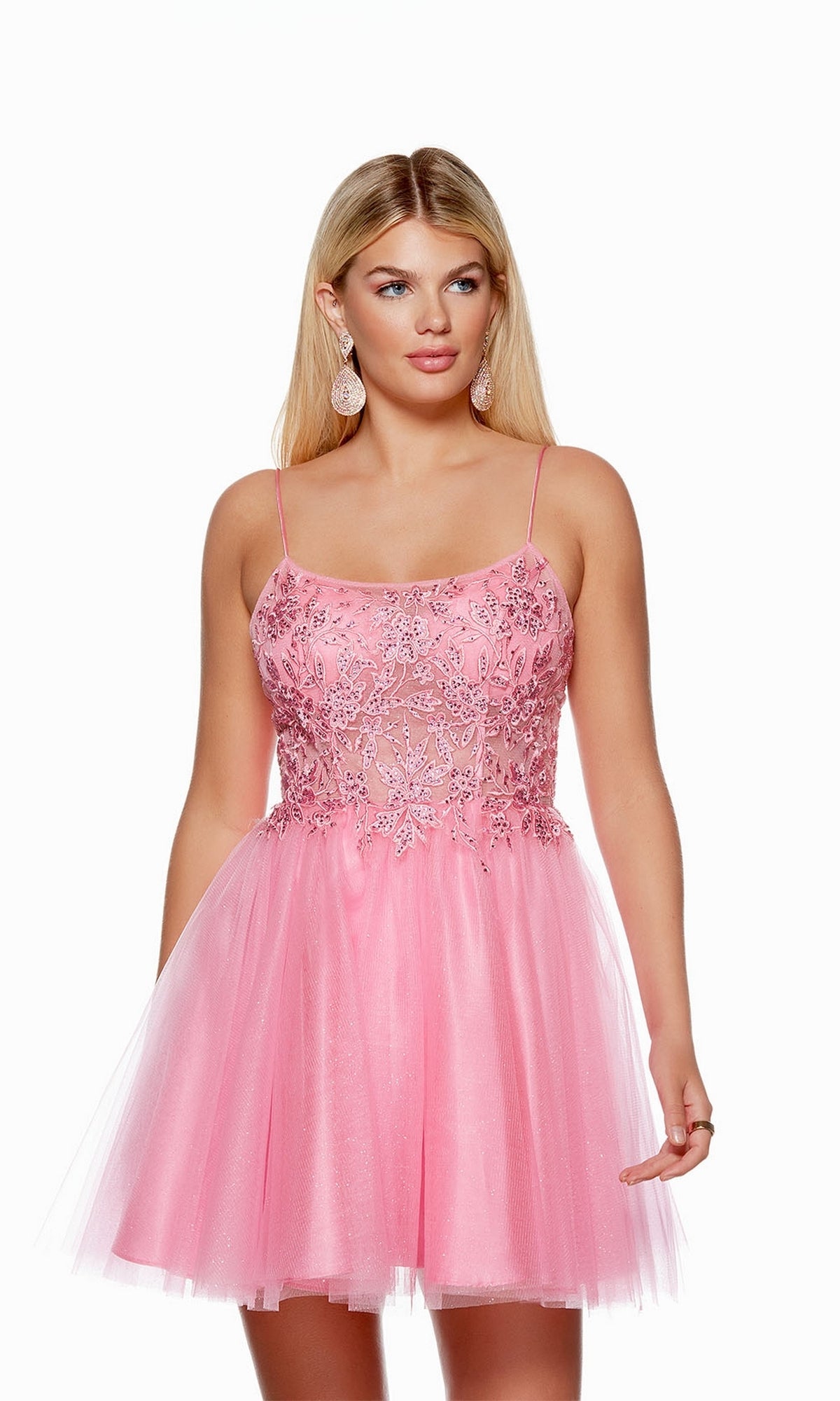 Pink Sheer-Bodice Pink Homecoming Dress 3155