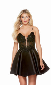 Black Sheer-Bodice Short Black Dress 3170