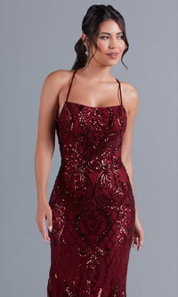  Sequin-Print Long Formal Dress with Statement Back