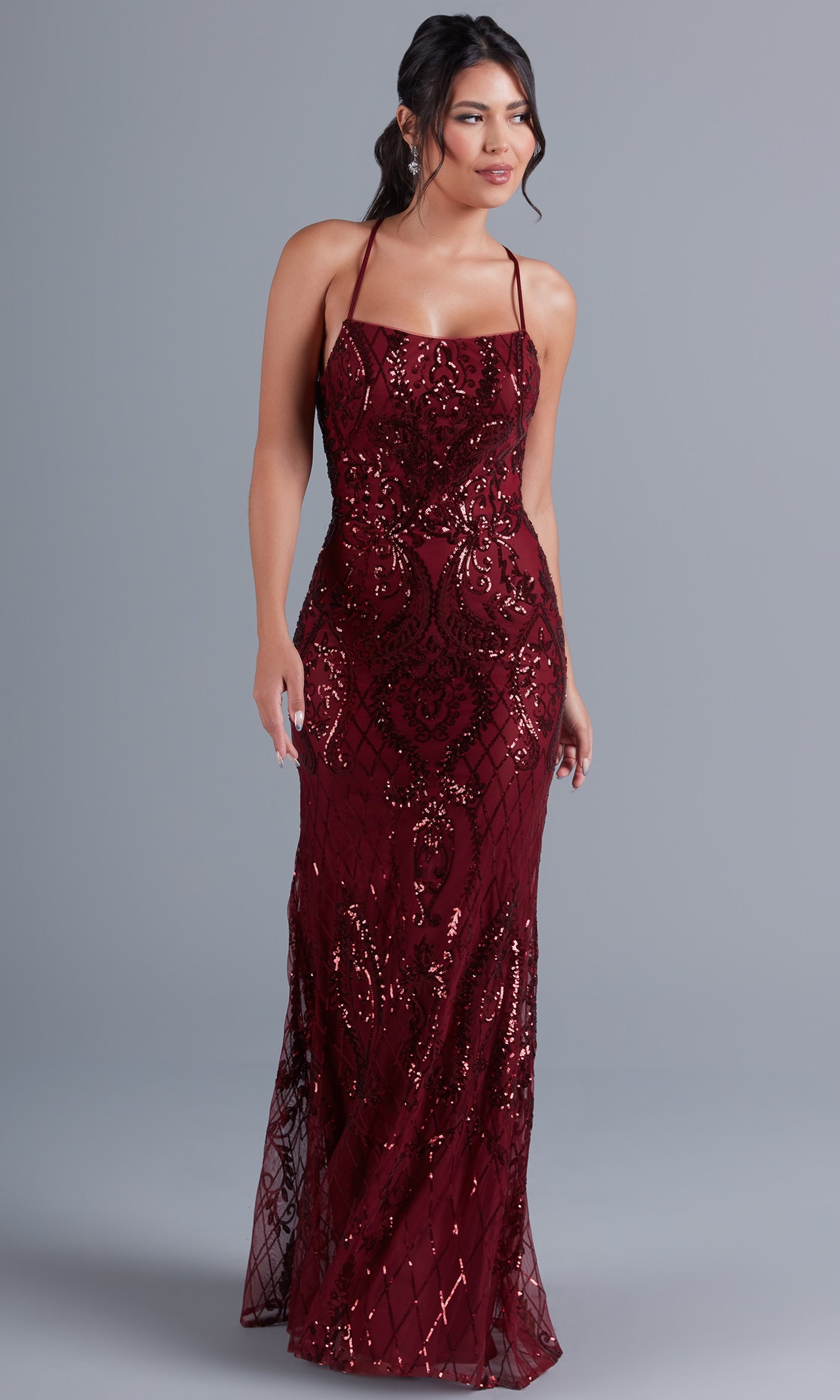 Burgundy Sequin-Print Long Formal Dress with Statement Back