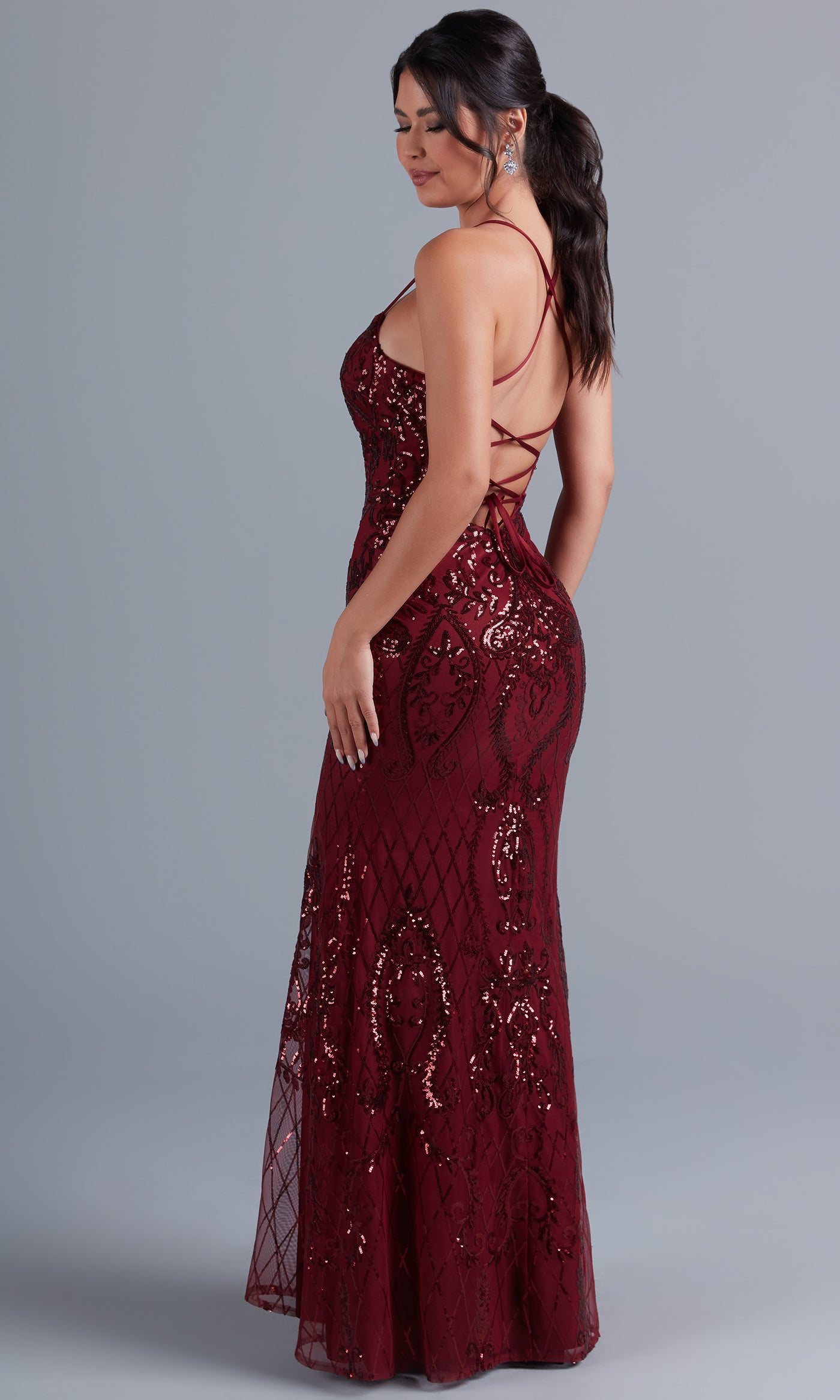 Statement-Back Long Formal Dress with Sequin Print Statement-Back Long Formal Dress with Sequin Print