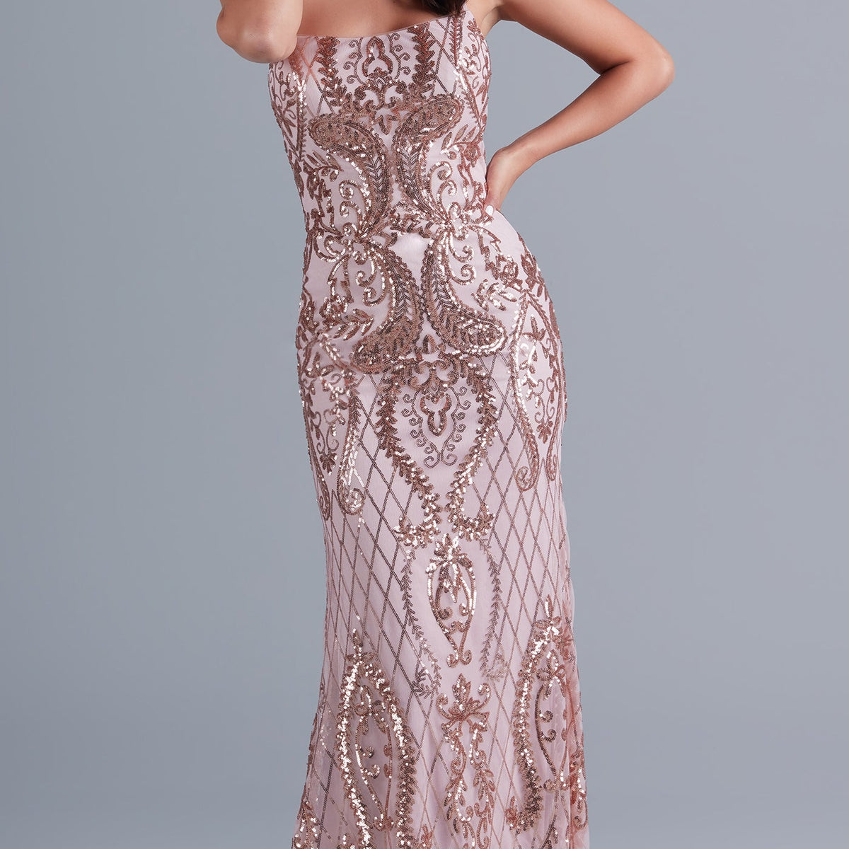 Statement Back Long Formal Dress with Sequin Print