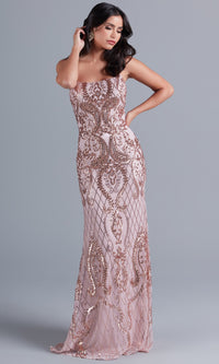 Pink/Rose Gold Pink Formal Dress With Sequin Design F2236
