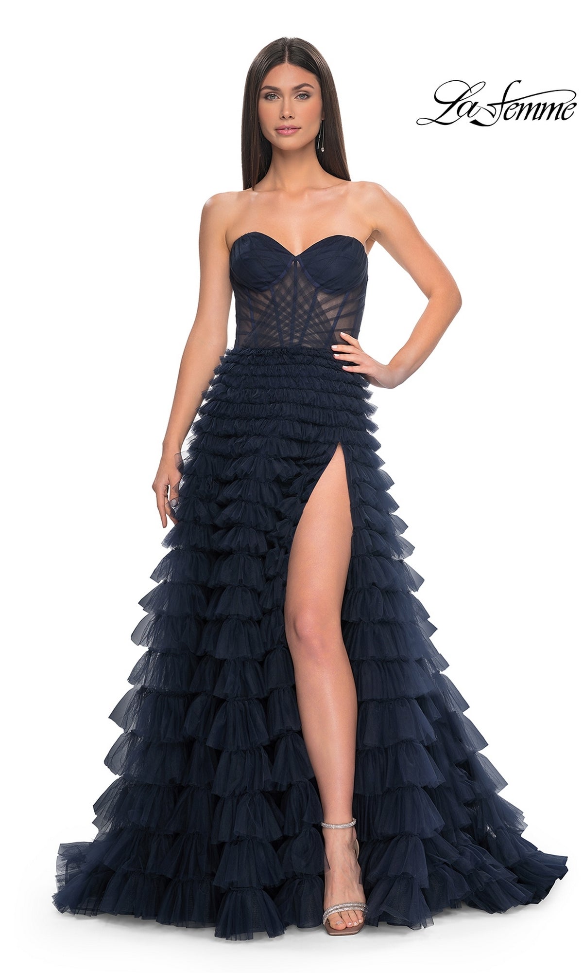 simply dresses navy blue Juliet JT2556S Halter V-Neckline Layered Tulle Slit A-Line Gown Royal Blue / 10