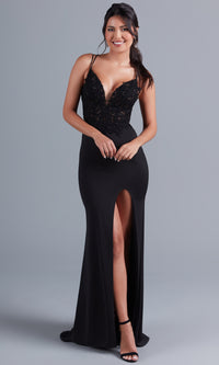  Lace-Bodice Long Tight Prom Dress with Corset Ties