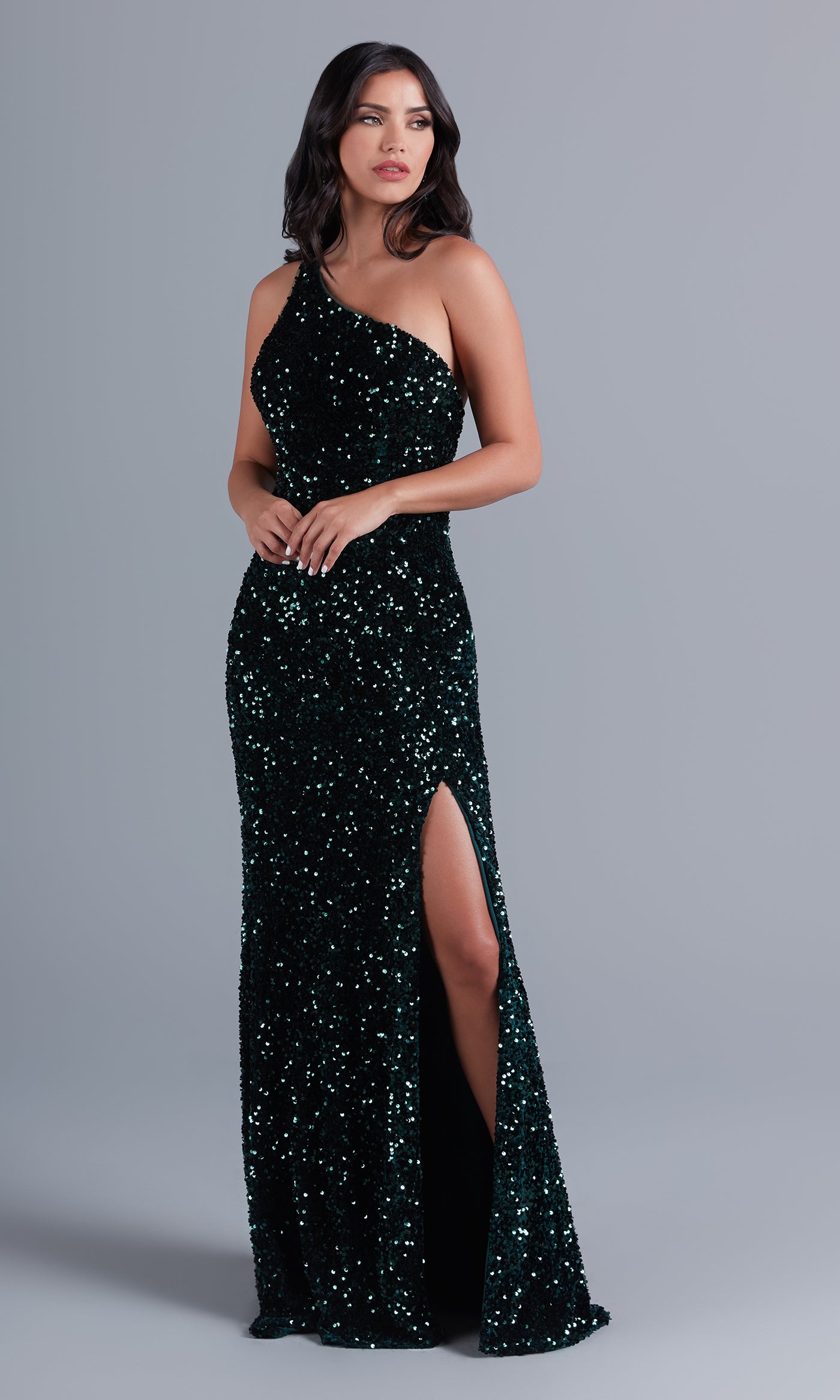 Velvet-Sequin Long One-Shoulder Prom Dress Velvet-Sequin Long One-Shoulder Prom Dress