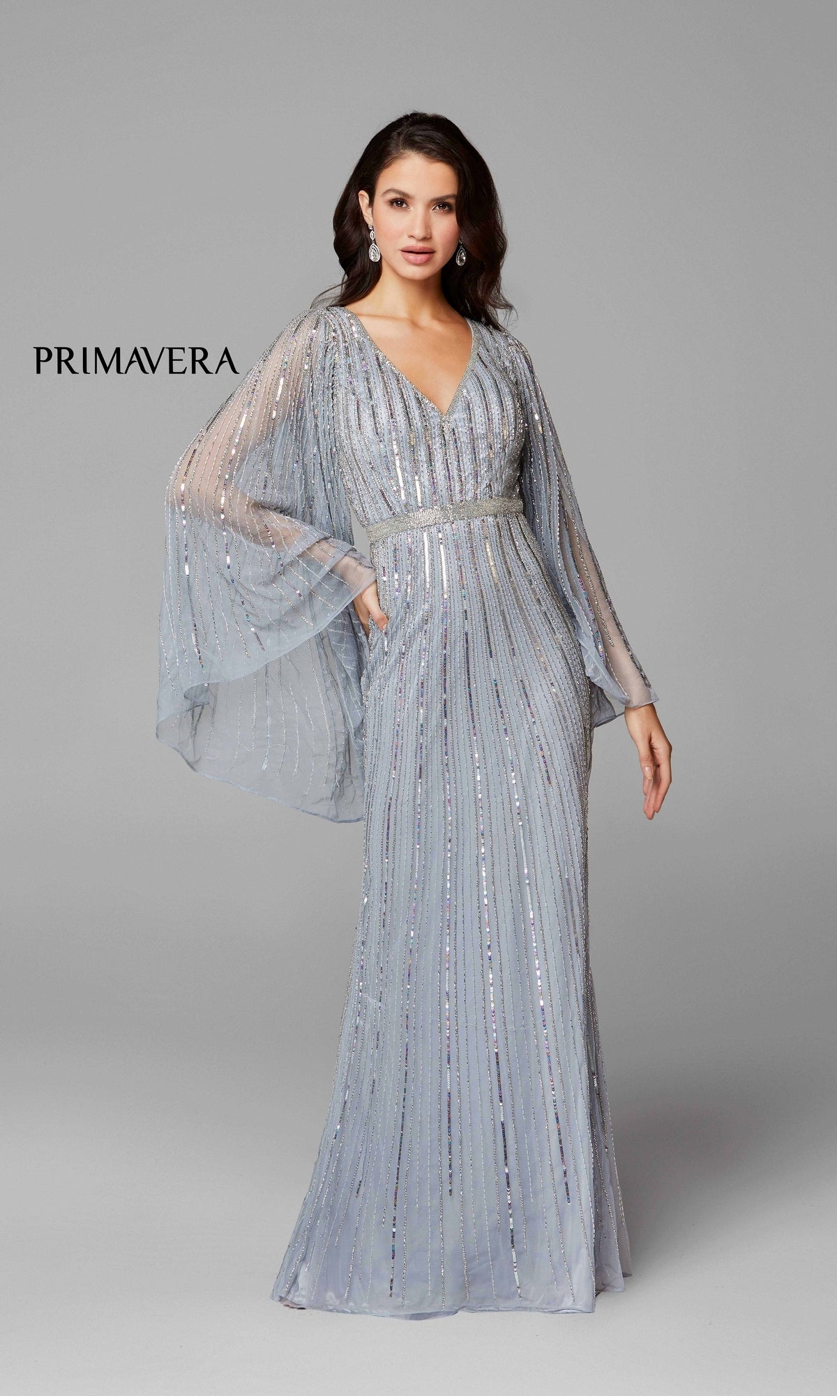 Long-Sleeve Dramatic Long Beaded Evening Gown Platinum / 8 Long-Sleeve Dramatic Long Beaded Evening Gown Platinum / 8