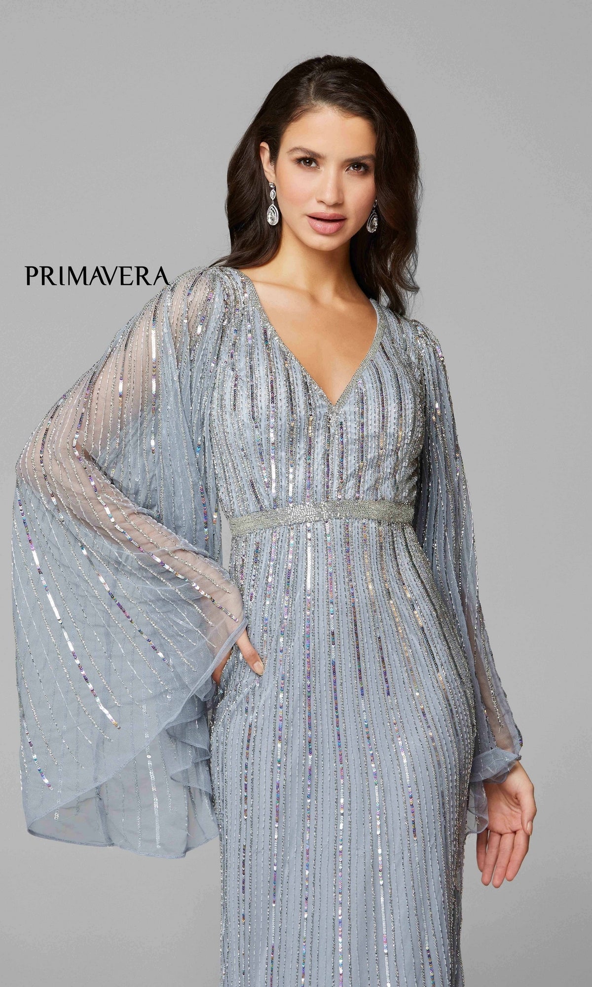 Long-Sleeve Dramatic Long Beaded Evening Gown Long-Sleeve Dramatic Long Beaded Evening Gown
