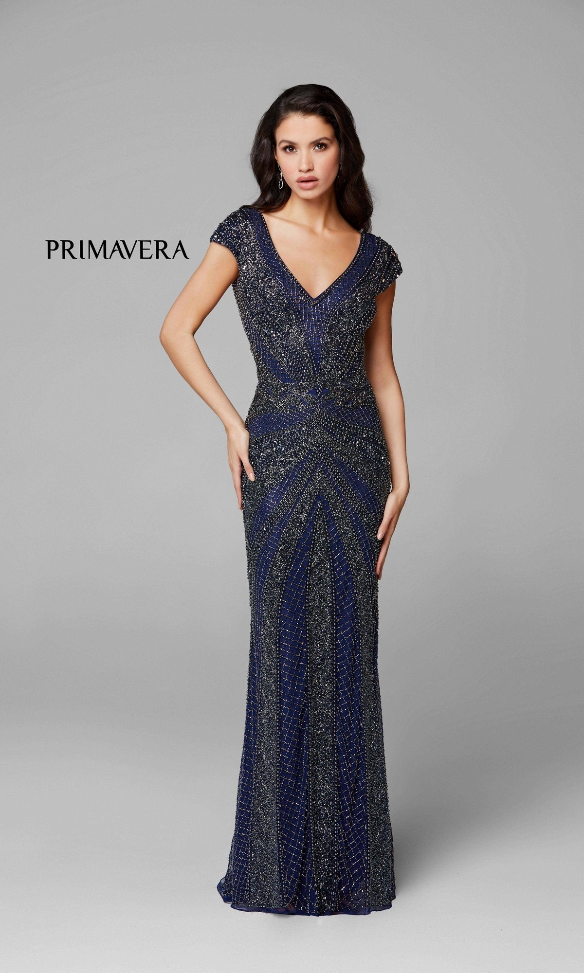  V-Neck Cap Sleeve Beaded Long Formal Gown 3674