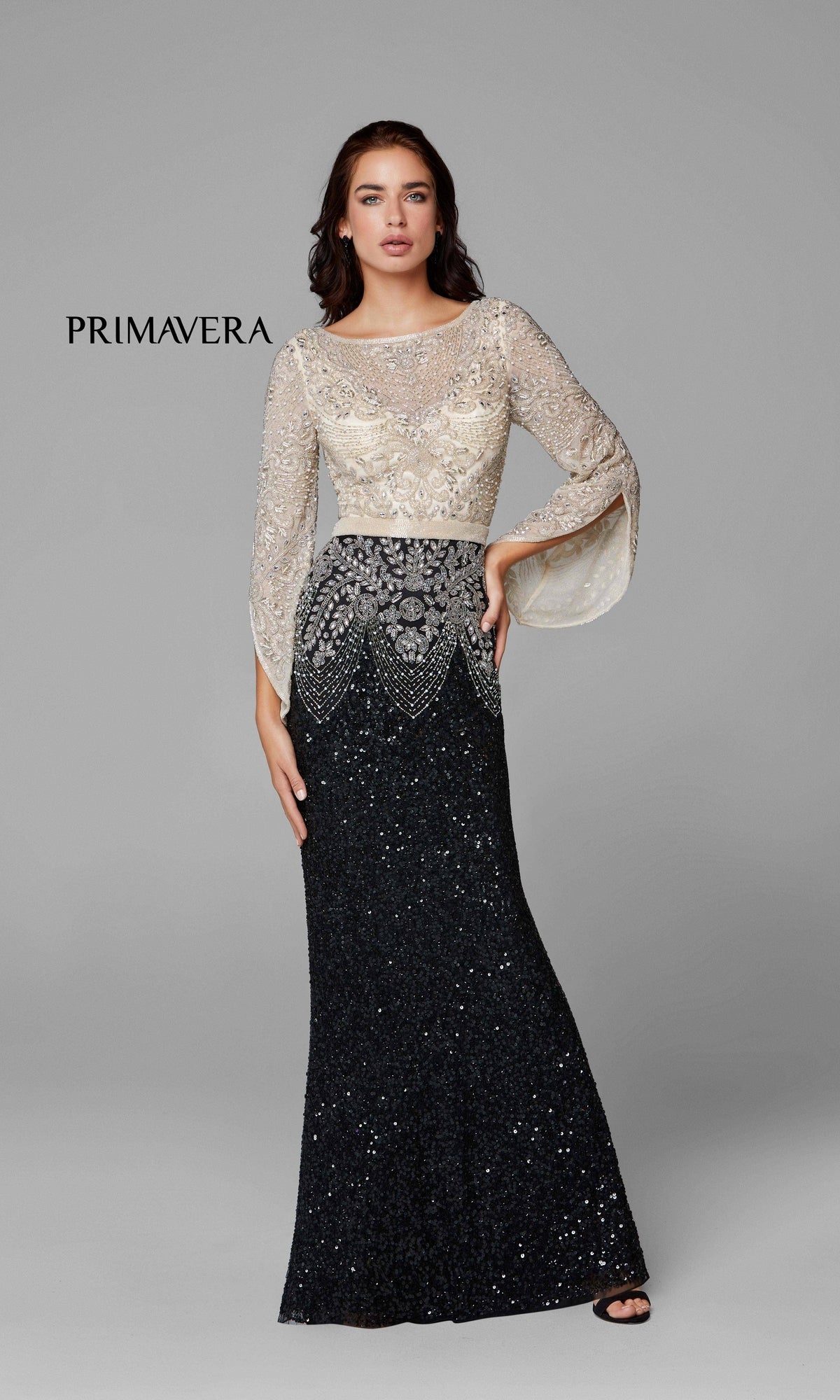 Black Nude Beaded Evening Gown with Long Bell Sleeves 3680