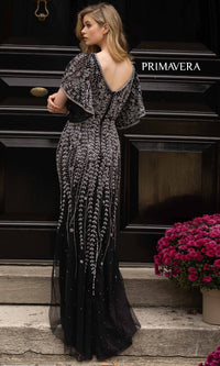  Long Beaded Evening Gown with Short Sleeves 3681