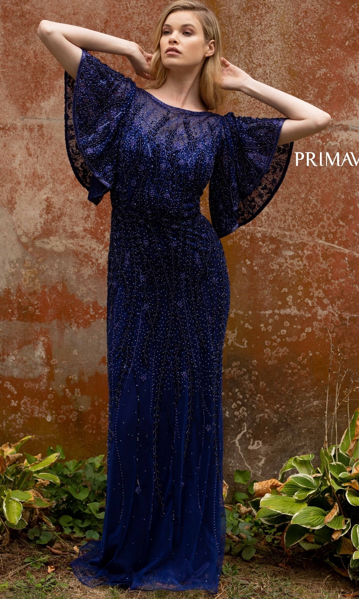 Midnight Long Beaded Evening Gown with Short Sleeves 3681